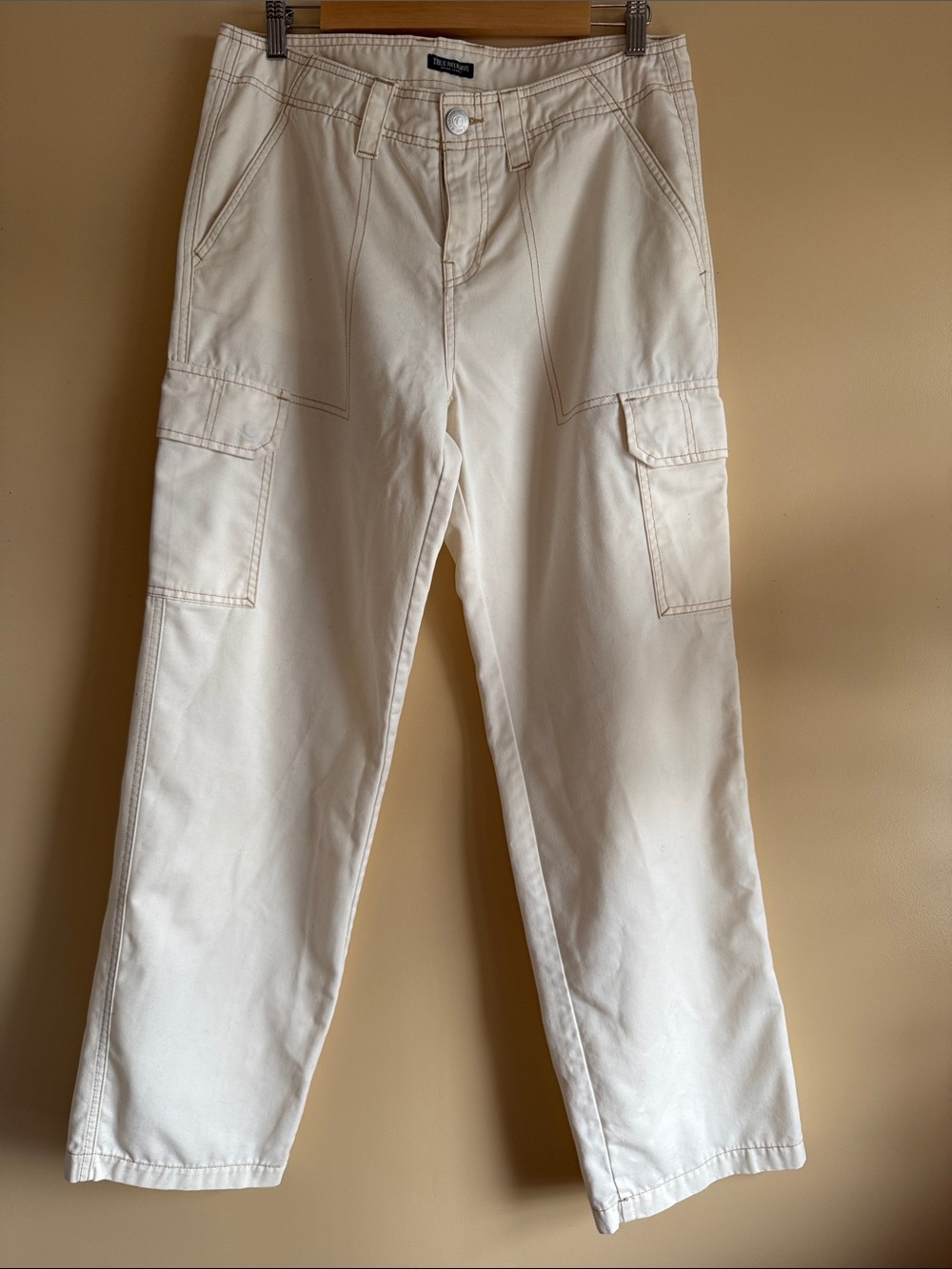 True Religion Cream Cargo Pants with Side Pockets